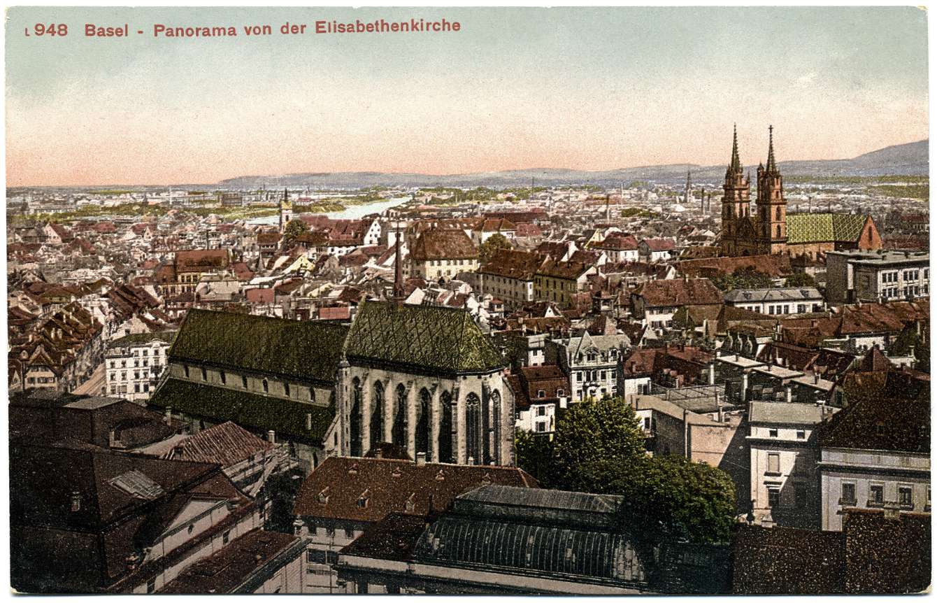 Panoramablick vom Turm der Elisabethenkirche über Basel (Richtung Norden), um 1920