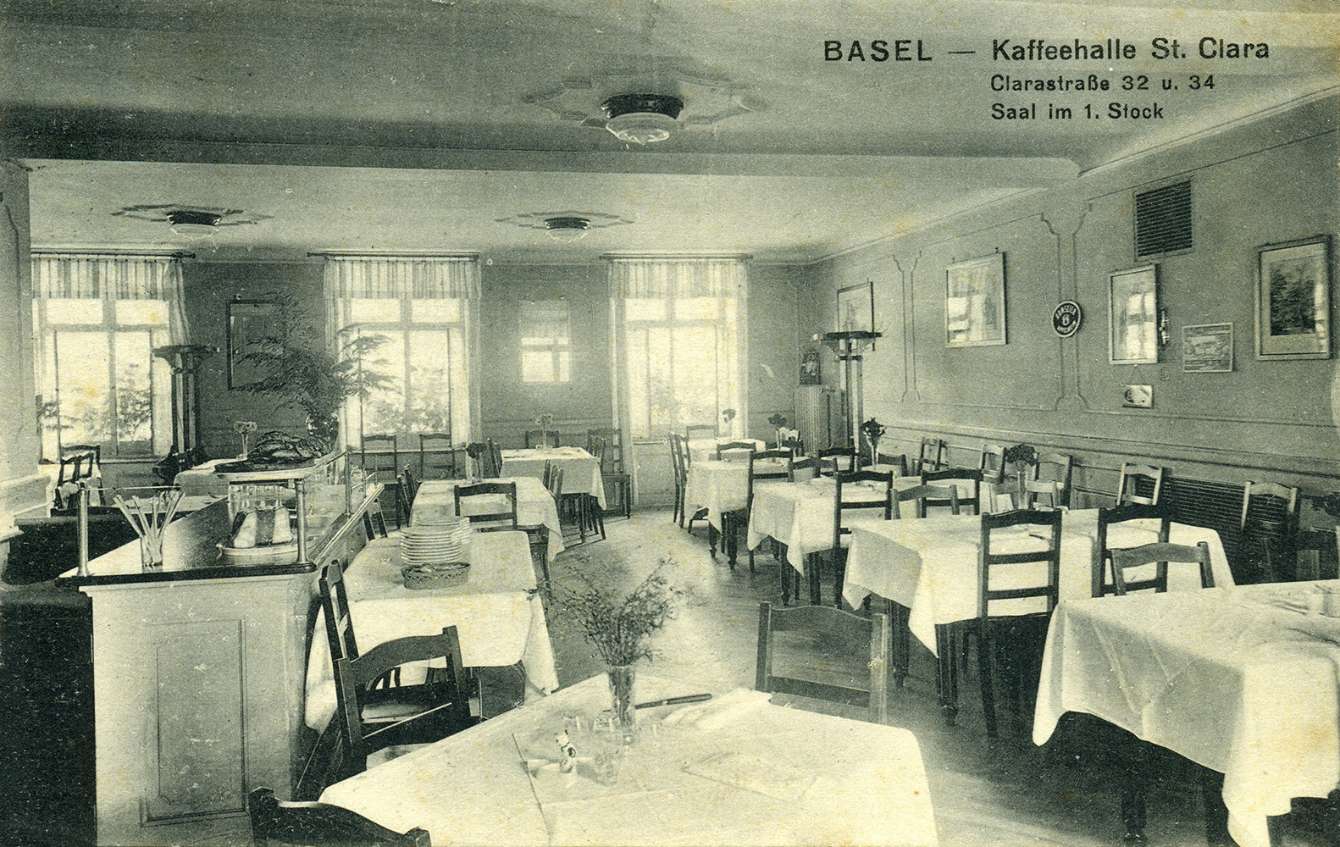 Inneres der Kaffeehalle St. Clara in Basel, Ansichtskarte, 1930