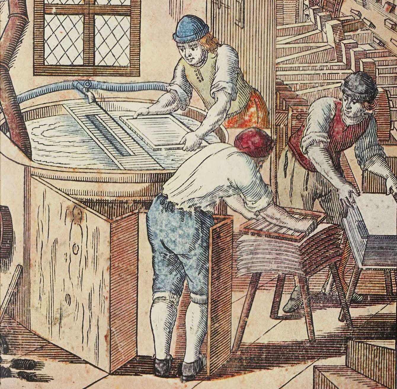 ‹Das wohl ausgesonnene Papiermachen›, kolorierter Holzschnitt von 1698