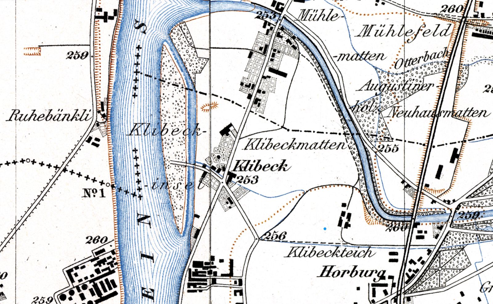 Historische Klibeck-Insel auf der Siegfriedkarte von 1880 – {source?html}