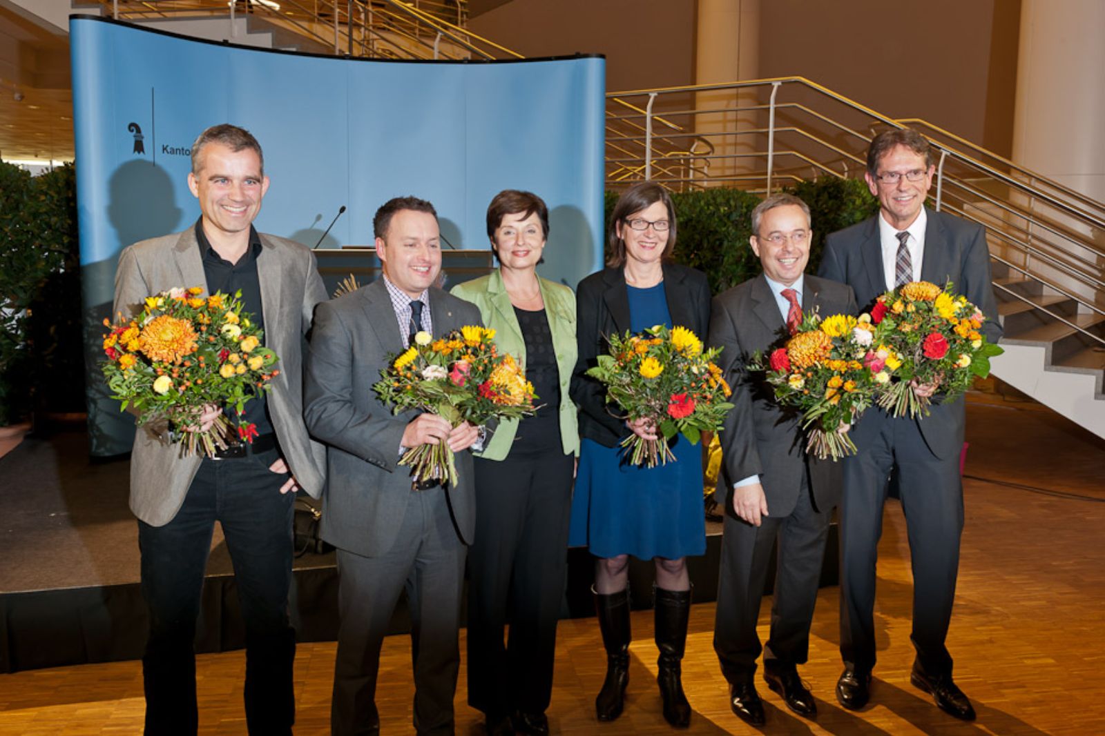 Gruppenbild der Gewählten, v.l.n.r.: Beat Jans, Sebastian Frehner, Anita Fetz, Silvia Schenker, Peter Malama, Markus Lehmann (Foto: Kathrin Schulhess)