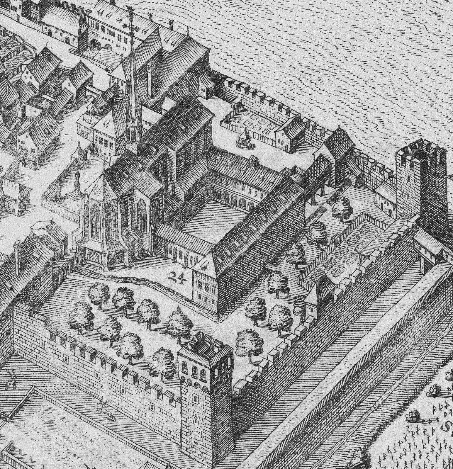 Das Kloster Klingental im Vogelschauplan der Stadt Basel von Nordosten von Matthäus Merian d. Ä., 1615/1617 (Staatsarchiv Basel-Stadt, Bild 1, 291, Detail)