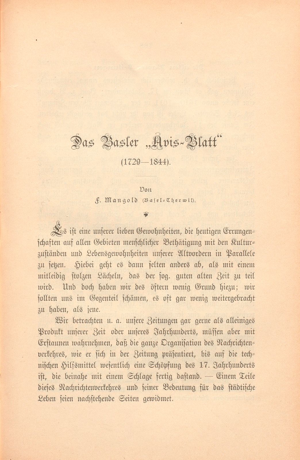 Das Basler ‹Avis-Blatt› (1729-1844) – Seite 1