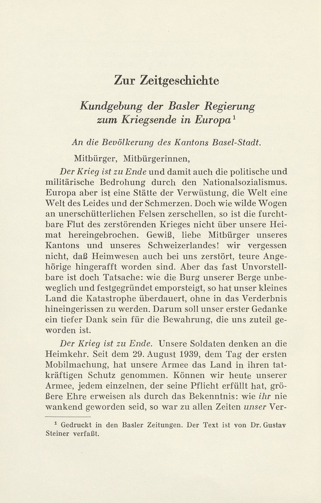 Zur Zeitgeschichte. Kundgebung der Basler Regierung zum Kriegsende in Europa – Seite 1