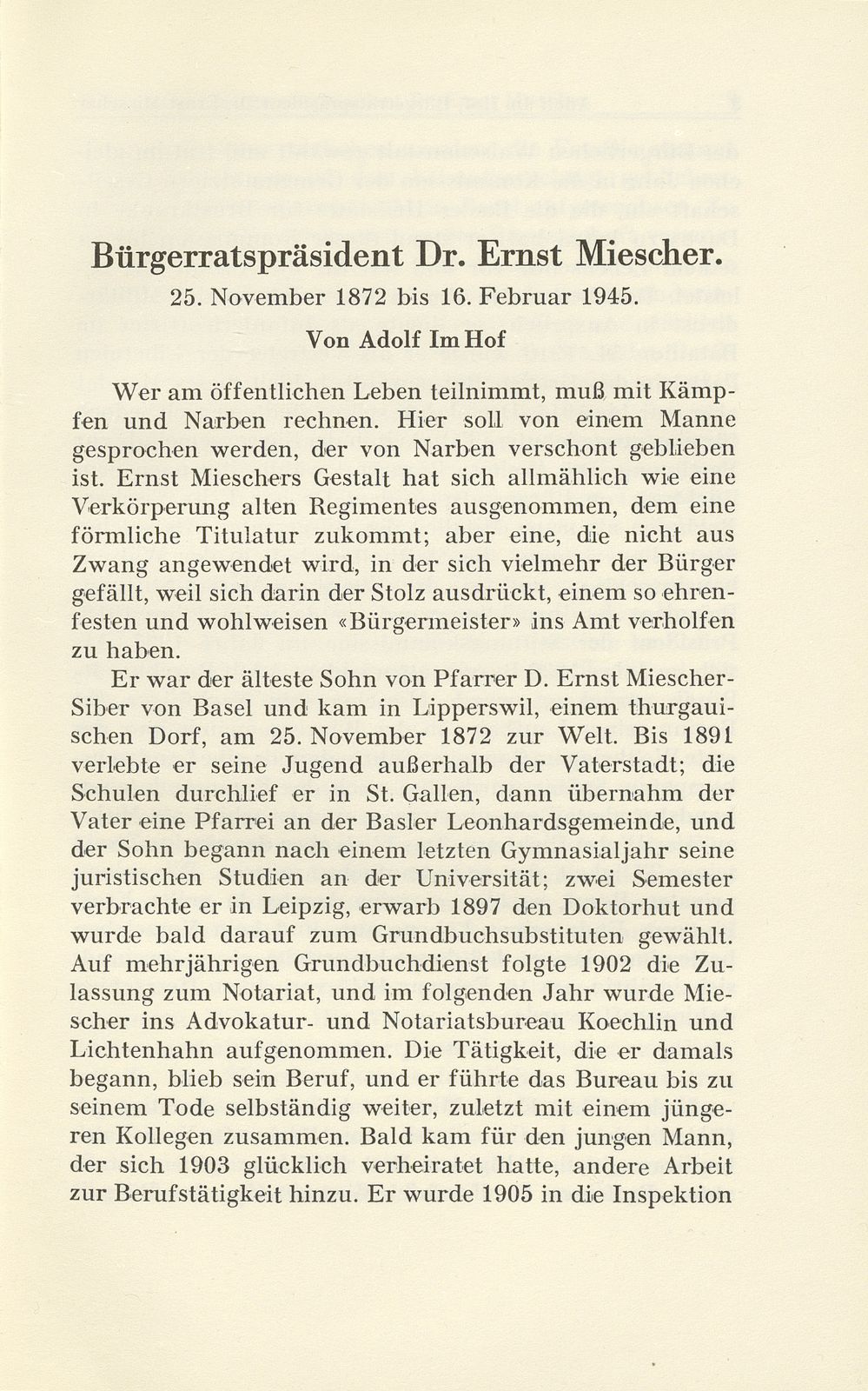 Bürgerratspräsident Dr. Ernst Miescher. 25. November 1872 bis 16. Februar 1945 – Seite 1