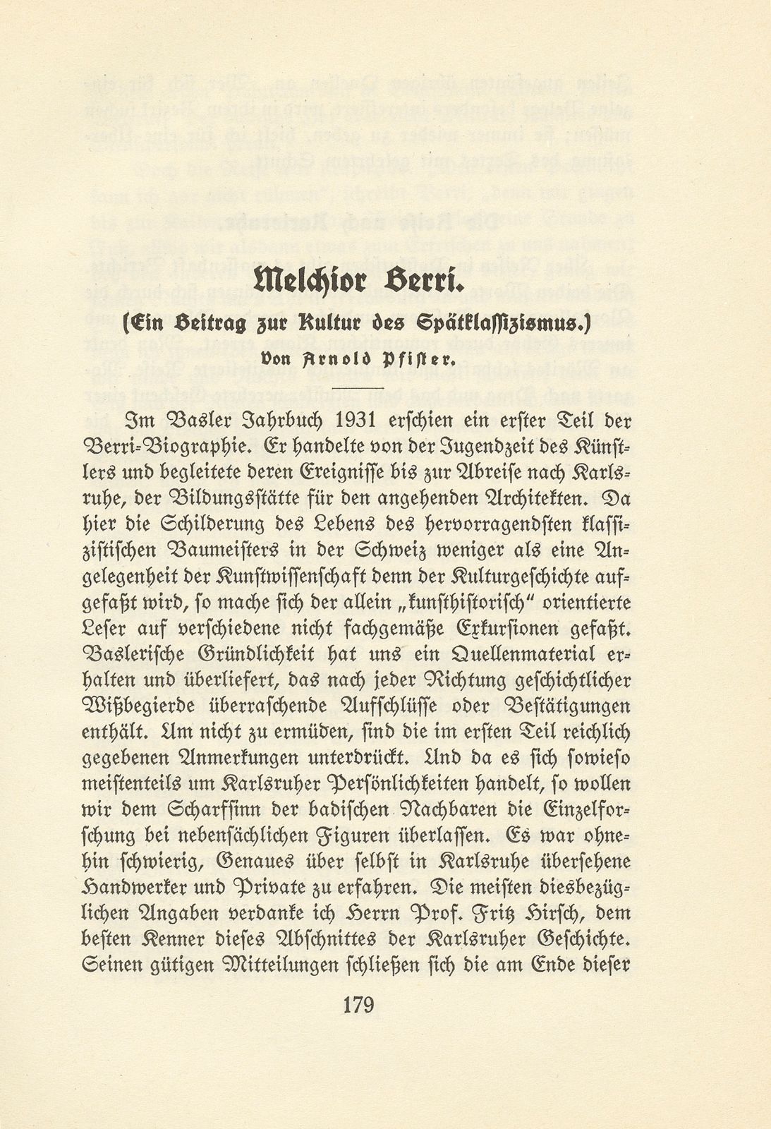 Melchior Berri. (Ein Beitrag zur Kultur des Spätklassizismus.) – Seite 1