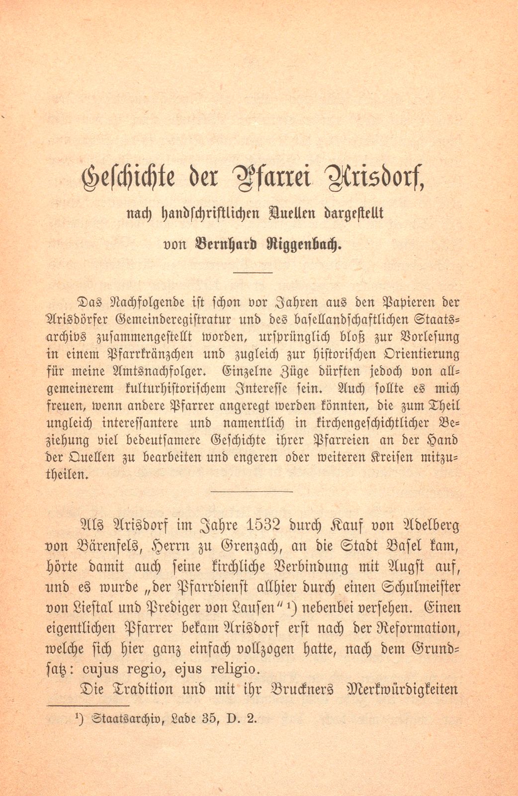 Geschichte der Pfarrei Arisdorf, nach handschriftlichen Quellen dargestellt – Seite 1