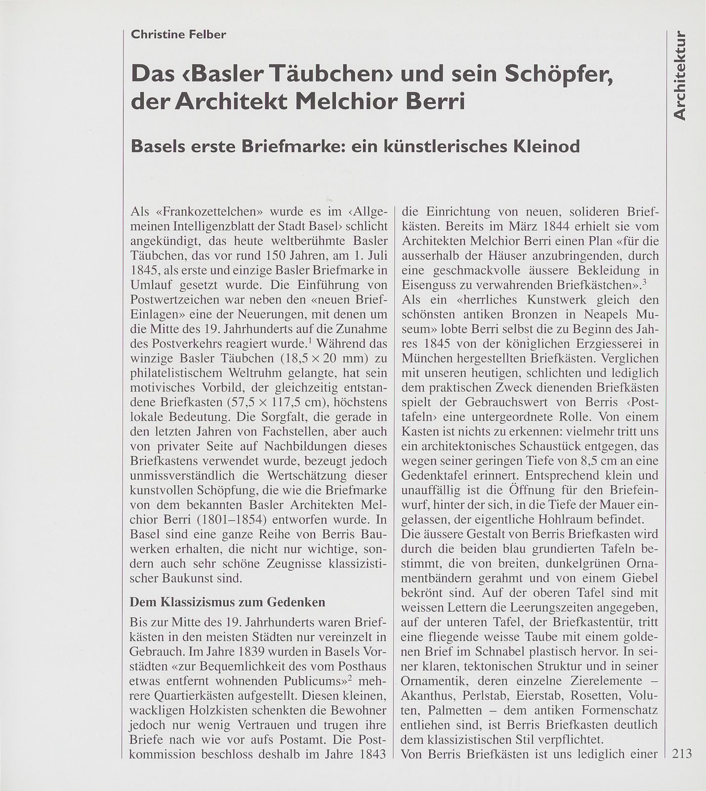 Das ‹Basler Täubchen› und sein Schöpfer, der Architekt Melchior Berri – Seite 1