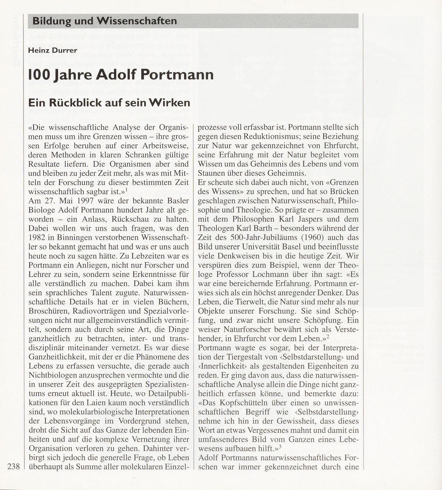 100 Jahre Adolf Portmann – Seite 1