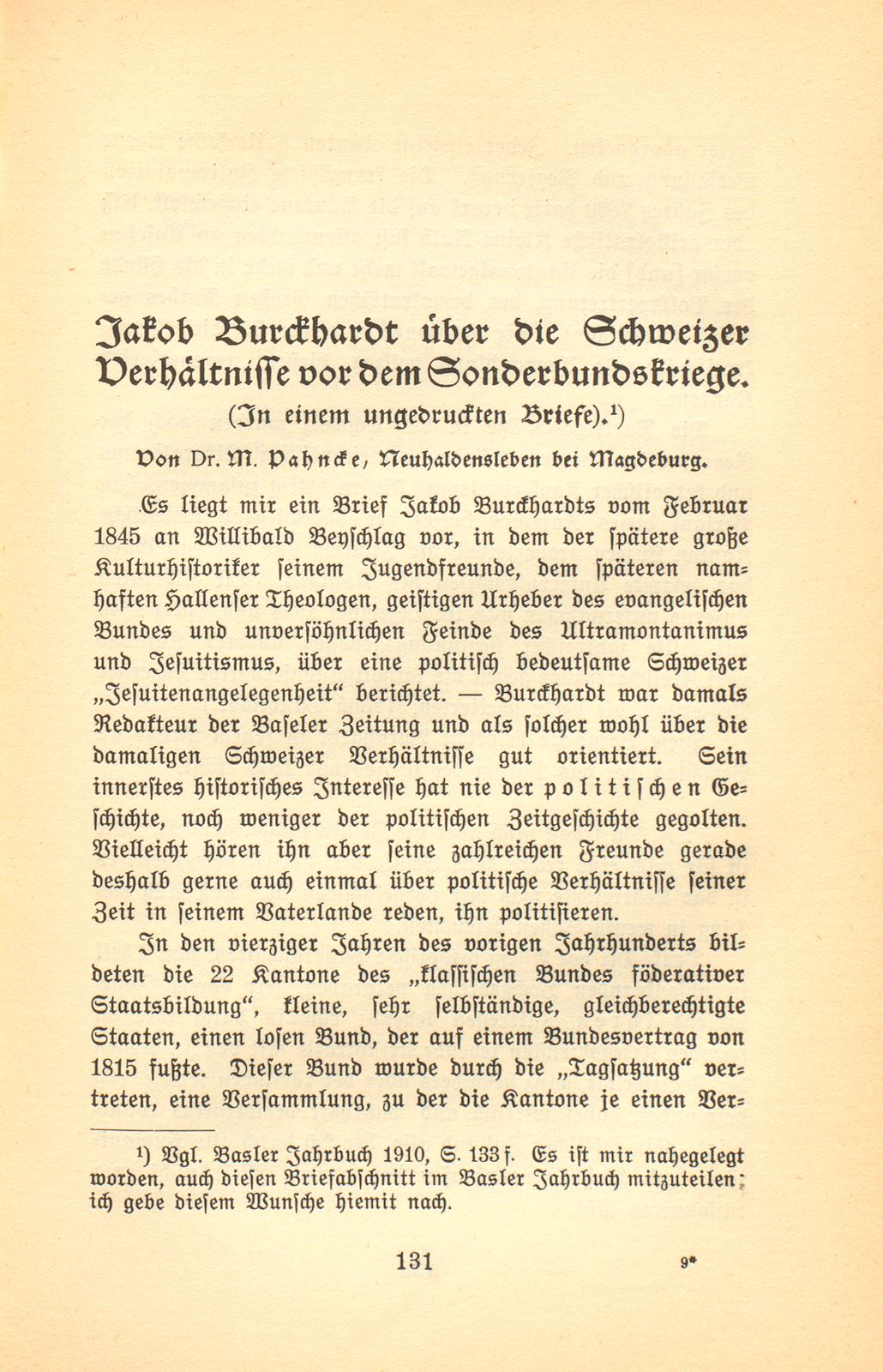 Jakob Burckhardt über die Schweizer Verhältnisse vor dem Sonderbundskriege. (In einem ungedruckten Briefe.) – Seite 1