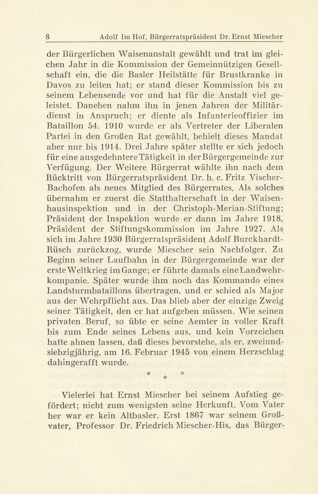 Bürgerratspräsident Dr. Ernst Miescher. 25. November 1872 bis 16. Februar 1945 – Seite 2