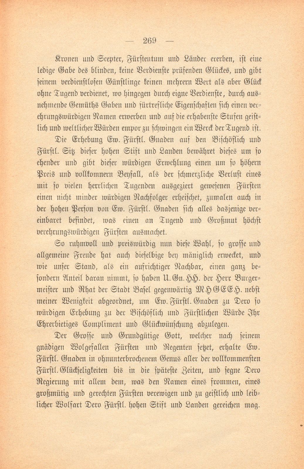 Miscellen: Beschreibung dessen so bey der von dem Stand Basel am 11. April 1763 abgeordneten Deputation an ihro Hochfürstlichen Gnaden Simon Nicolaus Graf von Froberg oder Montjoie erwehltem Bischoff von Basel vorgegangen – Seite 10