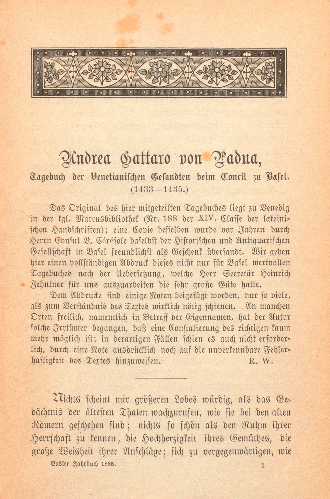 Andrea Gattaro von Padua, Tagebuch der Venetianischen Gesandten beim Concil zu Basel. (1433-1435.) – Seite 1