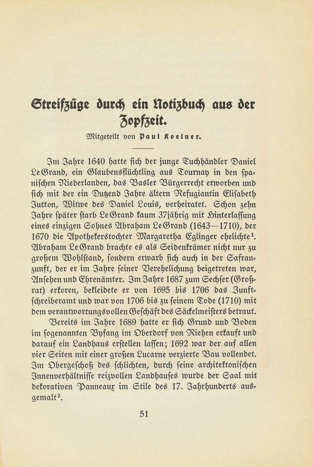 Streifzüge durch ein Notizbuch aus der Zopfzeit. [Emanuel Le Grand] – Seite 1