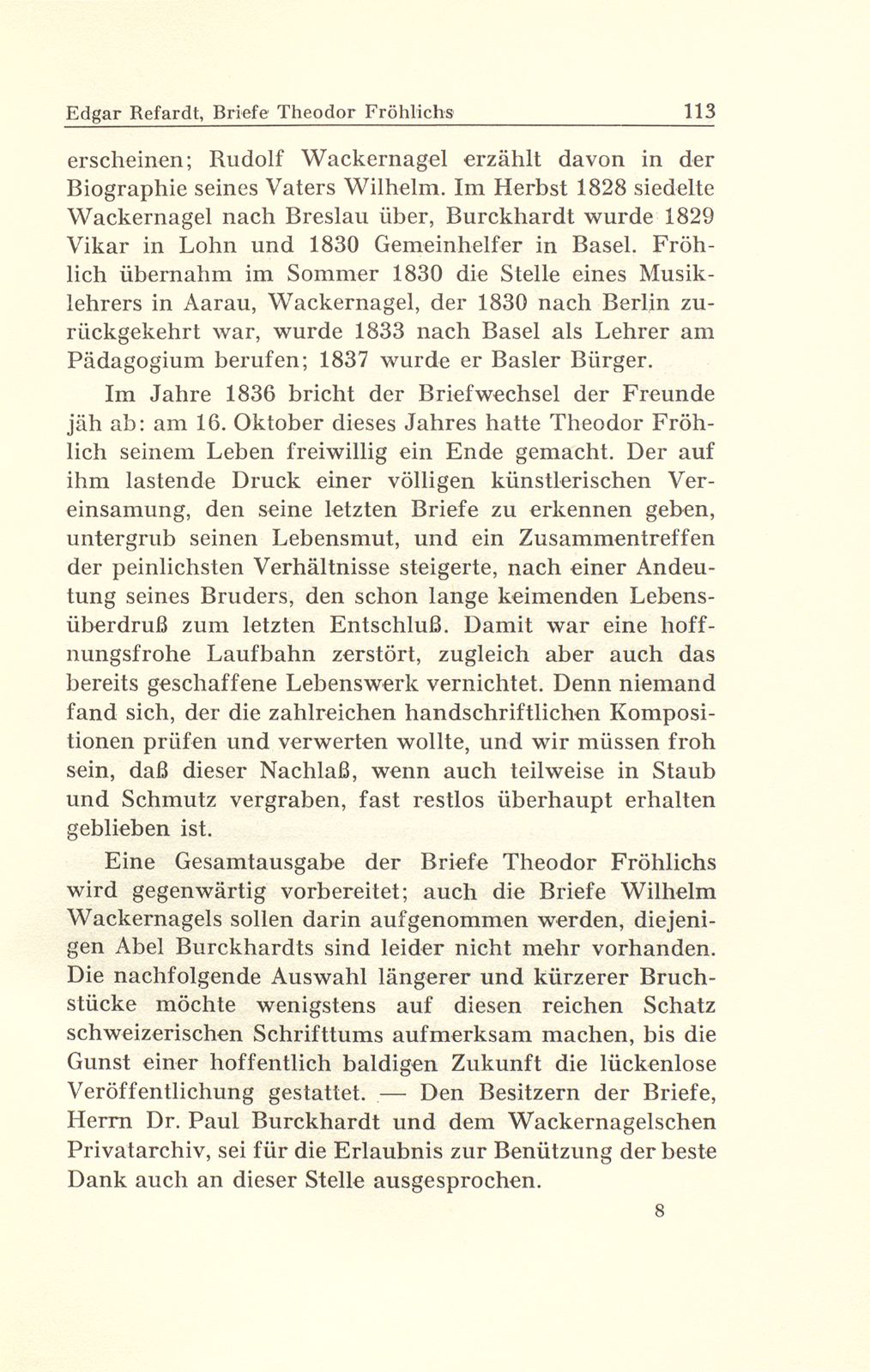 Aus Briefen Theodor Fröhlichs an Abel Burckhardt und Wilhelm Wackernagel – Seite 2