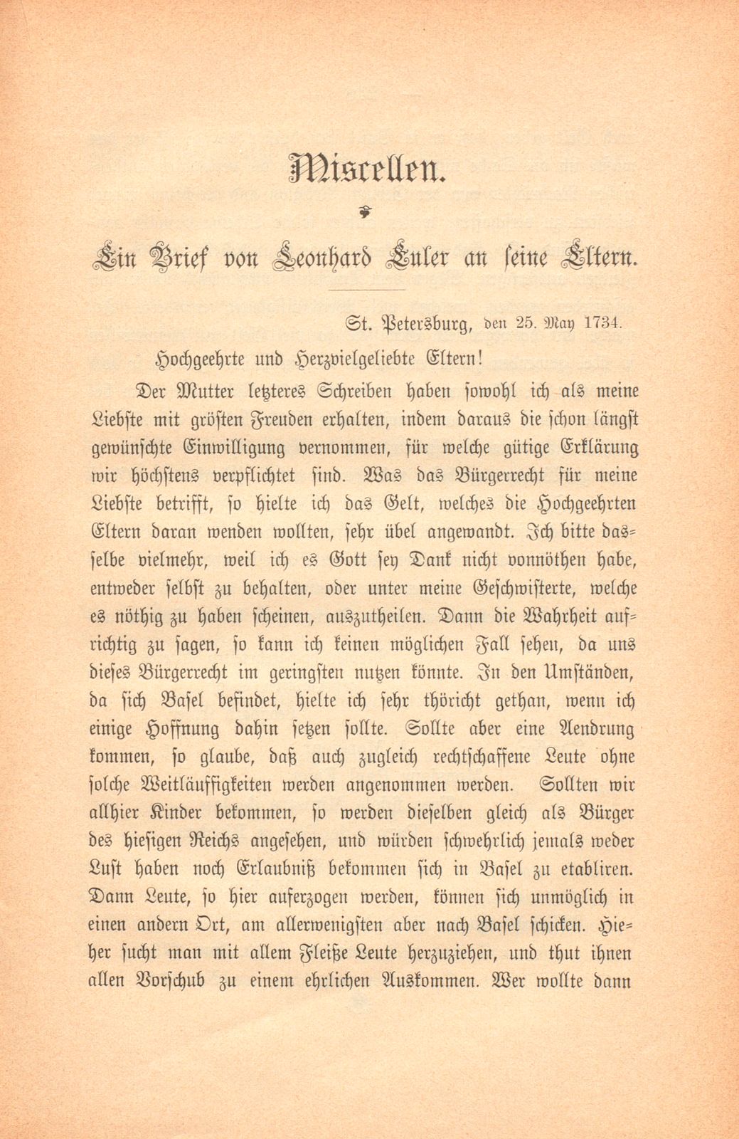 Miscellen: Ein Brief von Leonhard Euler an seine Eltern – Seite 1