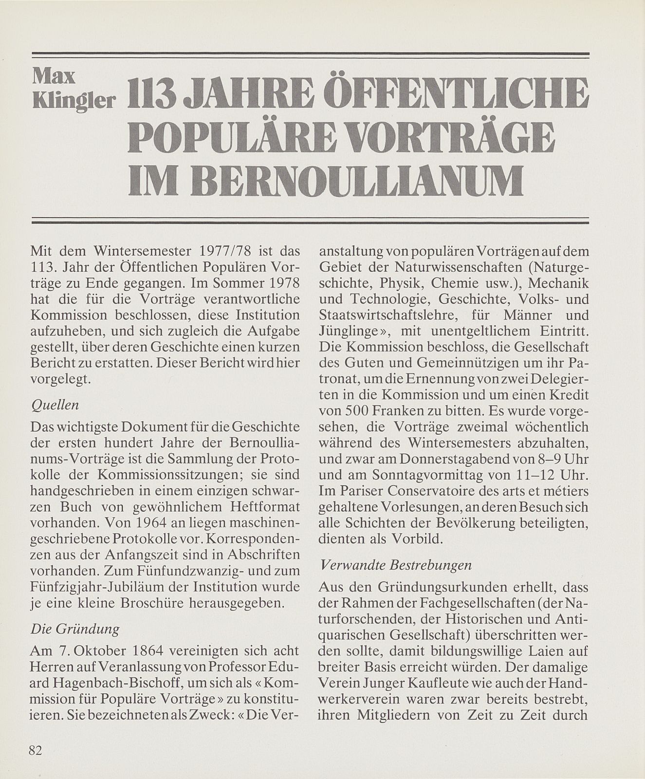 113 Jahre Öffentliche Populäre Vorträge im Bernoullianum – Seite 1