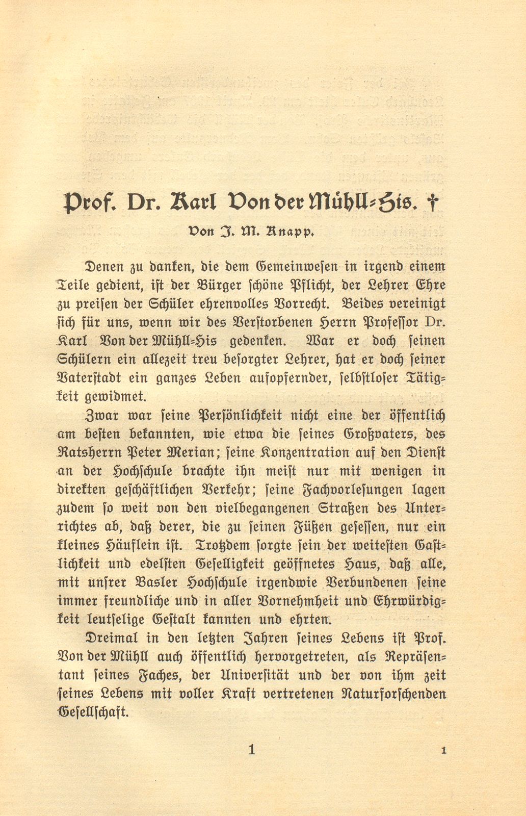 Prof. Dr. Karl Von der Mühll-His – Seite 1