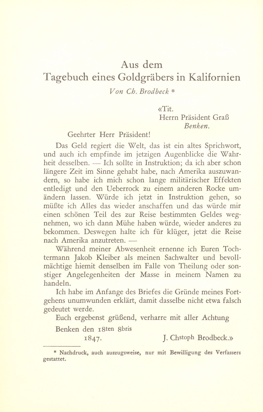 Aus dem Tagebuch eines Goldgräbers in Kalifornien [J. Chr. Brodbeck] – Seite 1