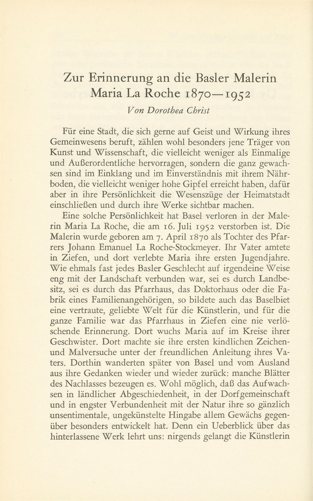 Zur Erinnerung an die Basler Malerin Maria La Roche 1870-1952 – Seite 1