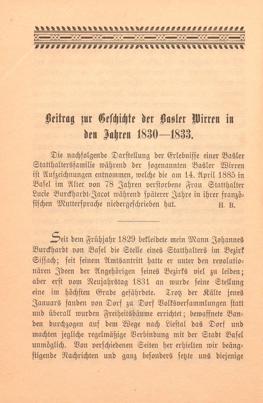 Beitrag zur Geschichte der Basler Wirren in den Jahren 1830-1833 – Seite 1