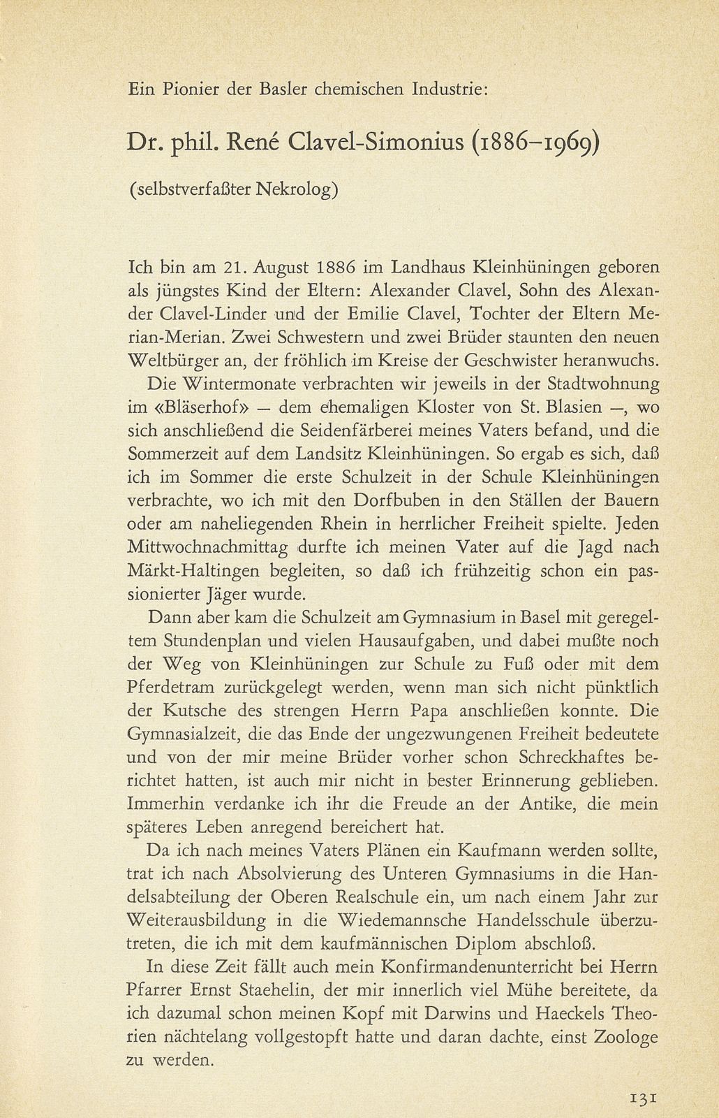 Ein Pionier der Basler chemischen Industrie: Dr. phil. René Clavel-Simon (1886-1969) – Seite 1