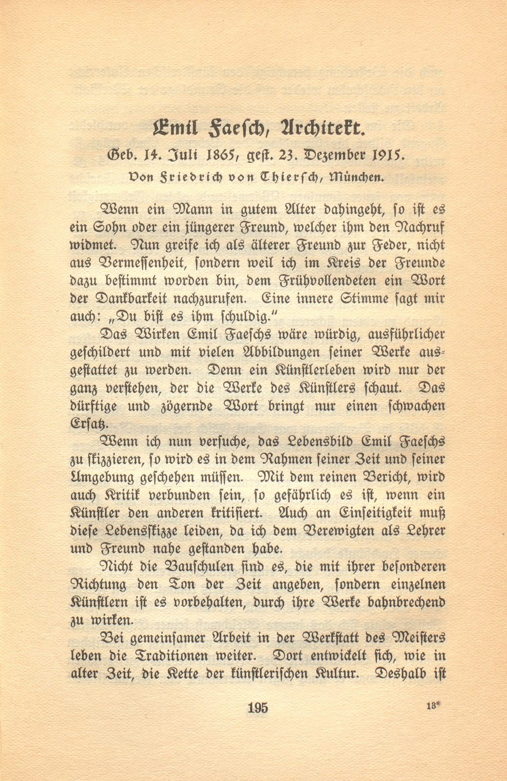 Emil Faesch, Architekt. Geb. 14. Juli 1865, gest. 23. Dezember 1915 – Seite 1