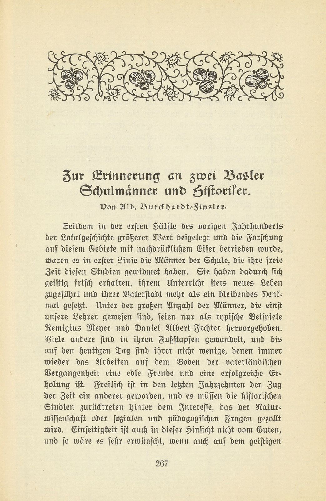 Zur Erinnerung an zwei Basler Schulmänner und Historiker [J.W. Hess und Dr. F. Fäh] – Seite 1