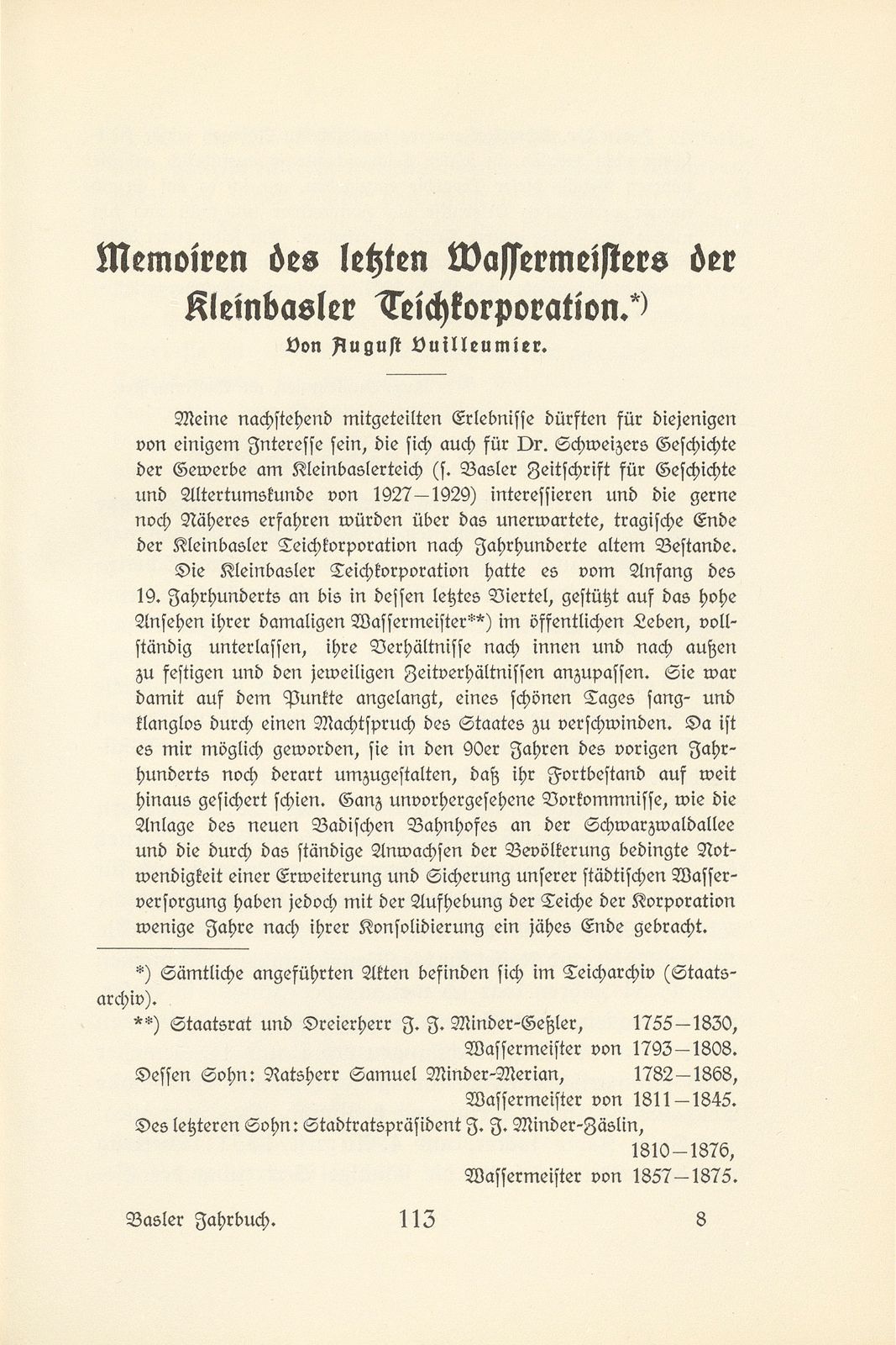 Memoiren des letzten Wassermeisters der Kleinbasler Teichkorporation – Seite 1