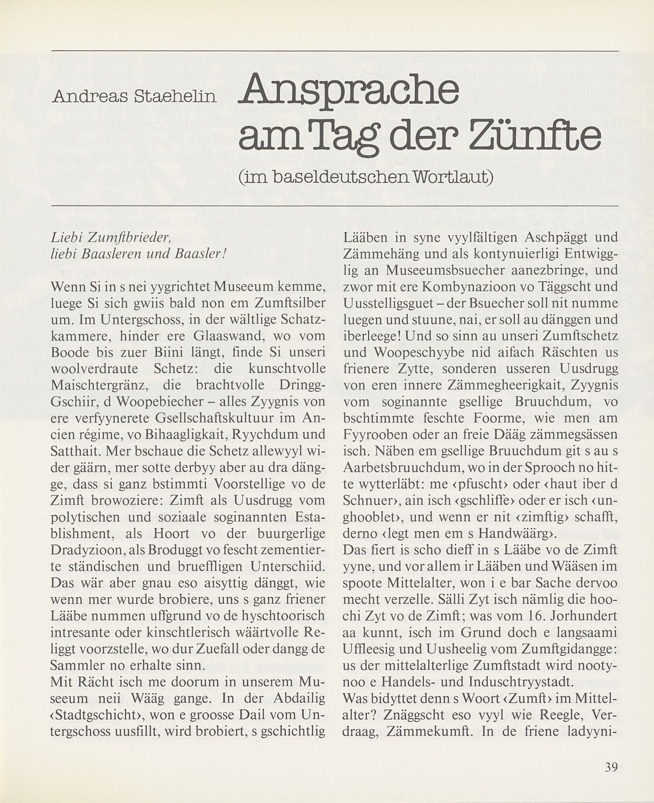 Ansprache am Tag der Zünfte (im baseldeutschen Wortlaut) – Seite 1