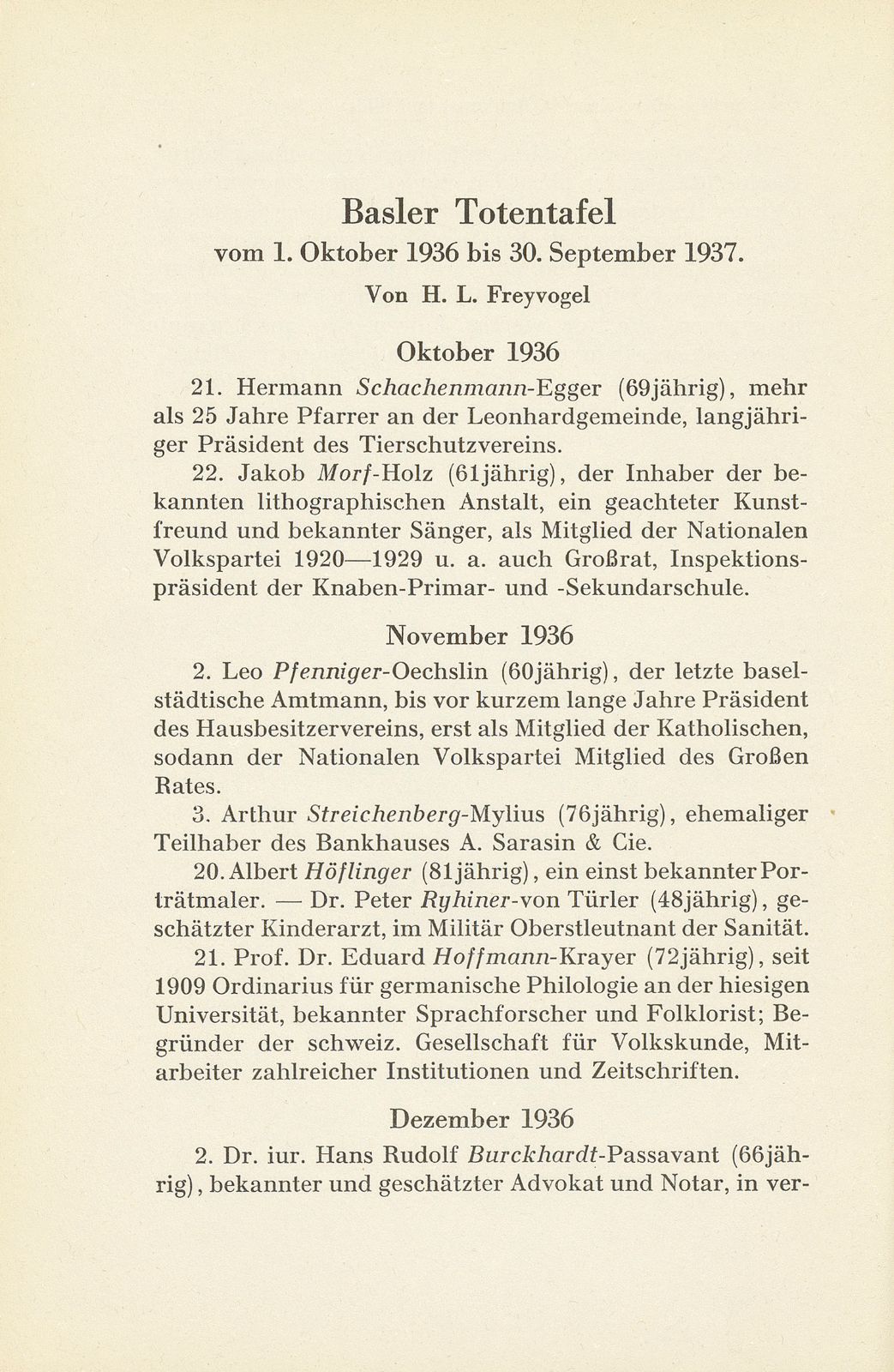 Basler Totentafel vom 1. Oktober 1936 bis 31. September 1937 – Seite 1