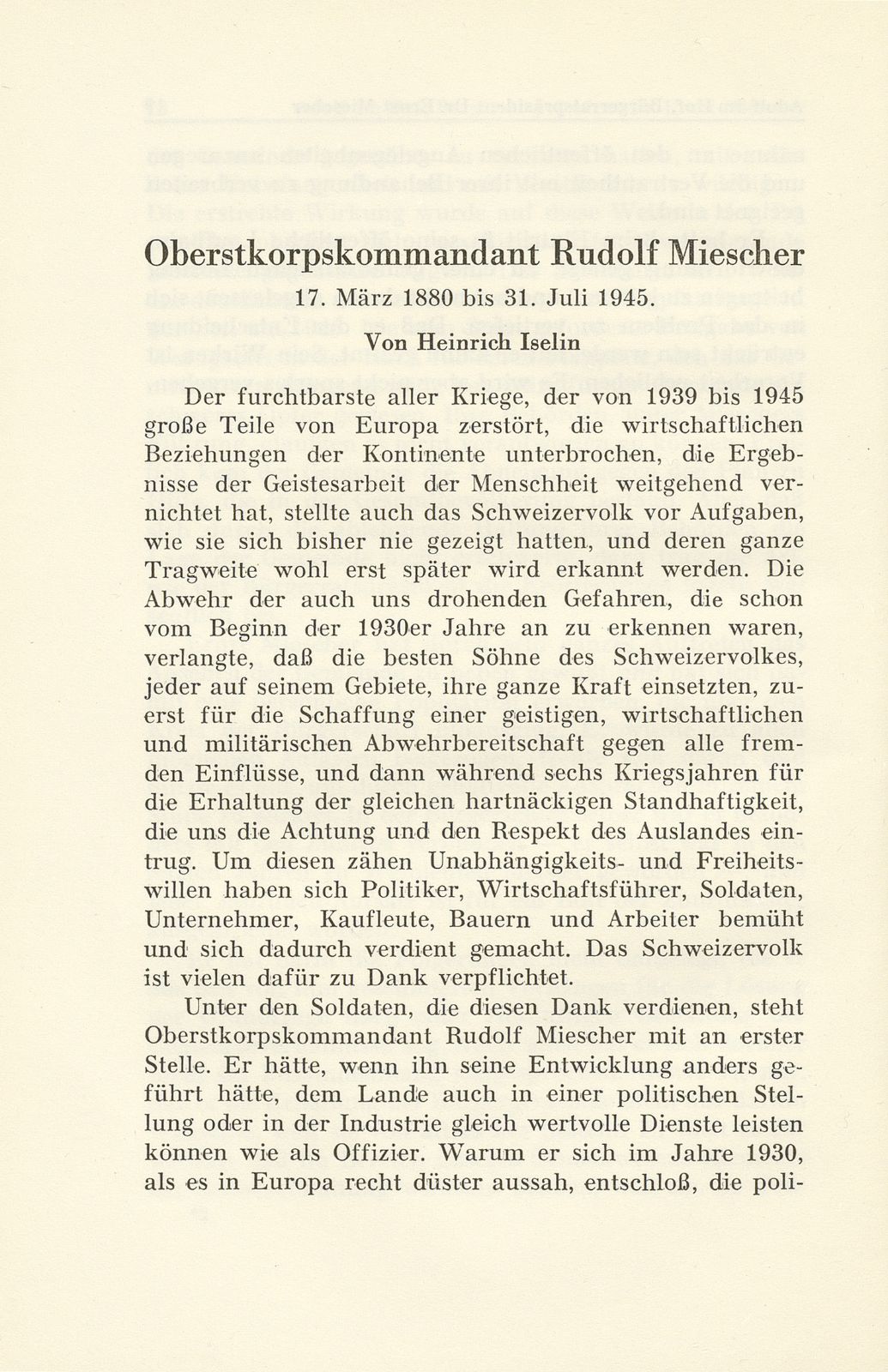 Oberstkorpskommandant Rudolf Miescher 17. März 1880 bis 31. Juli 1945 – Seite 1