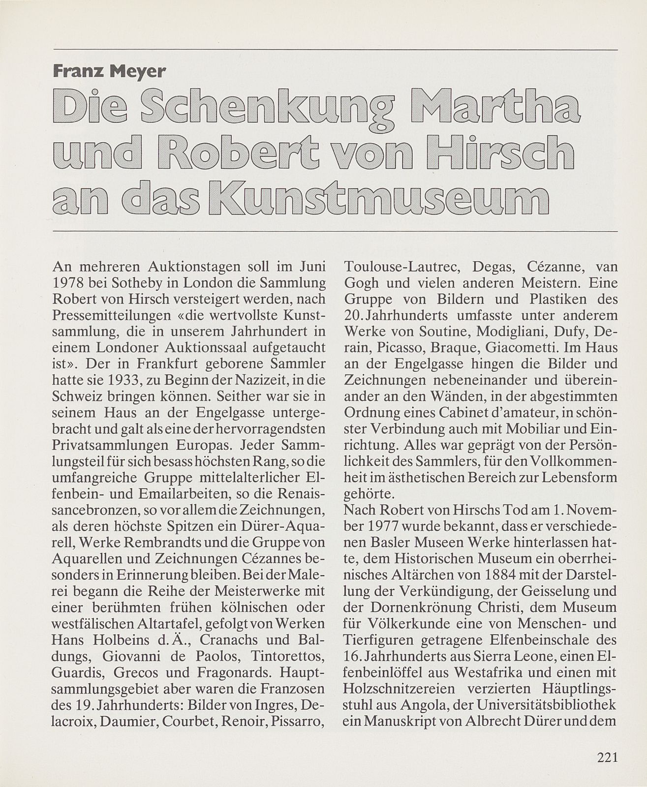 Die Schenkung Martha und Robert von Hirsch an das Kunstmuseum – Seite 1