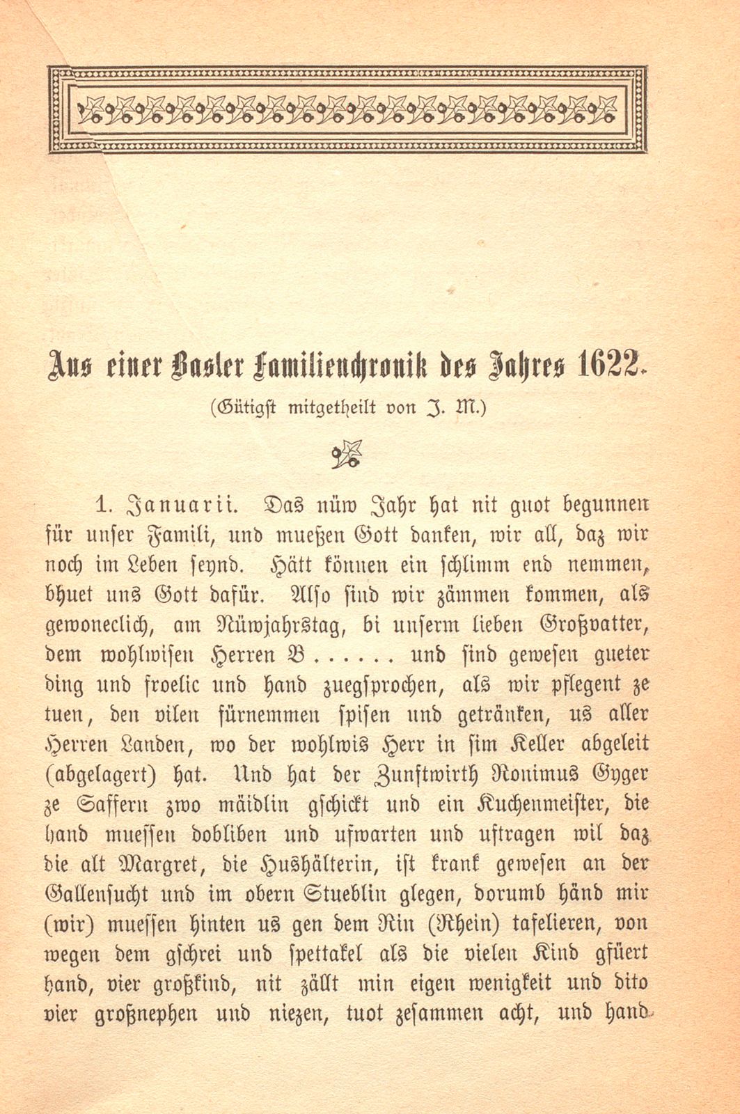 Aus einer Basler Familienchronik des Jahres 1622. (Gütigst mitgeteilt von J. M.) [Als Fälschung bezeichnet.] – Seite 1