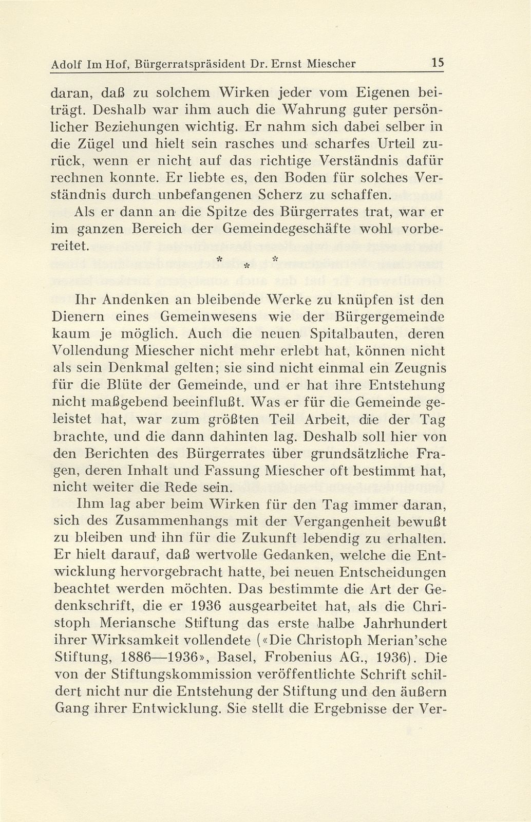 Bürgerratspräsident Dr. Ernst Miescher. 25. November 1872 bis 16. Februar 1945 – Seite 9