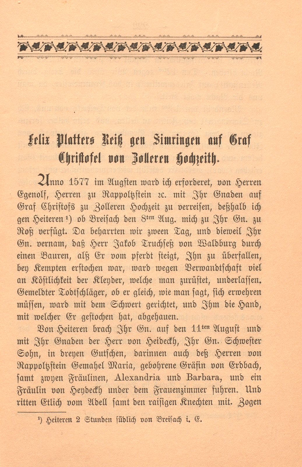 Felix Platters Reiss gen Simringen auf Graf Christofel von Zolleren Hochzeith – Seite 1