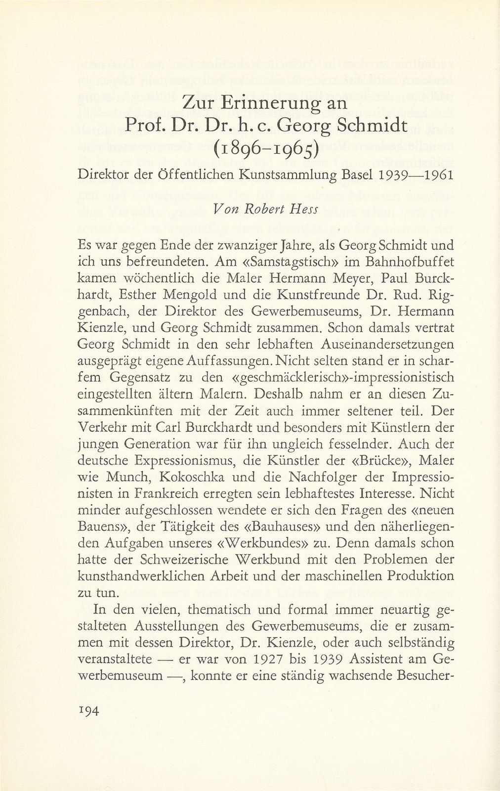 Zur Erinnerung an Prof. Dr. Dr. h.c. Georg Schmidt (1896-1965), Direktor der Öffentlichen Kunstsammlung Basel 1939-1961 – Seite 1