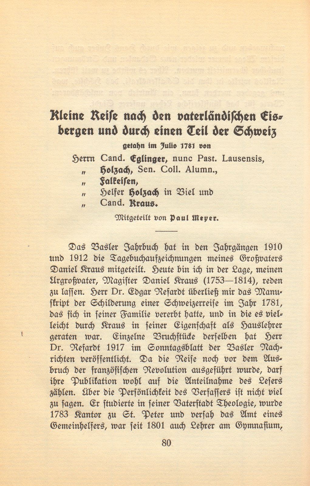 Kleine Reise nach den vaterländischen Eisbergen und durch einen Teil der Schweiz gethan im Julio 1791 [Aufzeichnungen von Daniel Kraus] – Seite 1