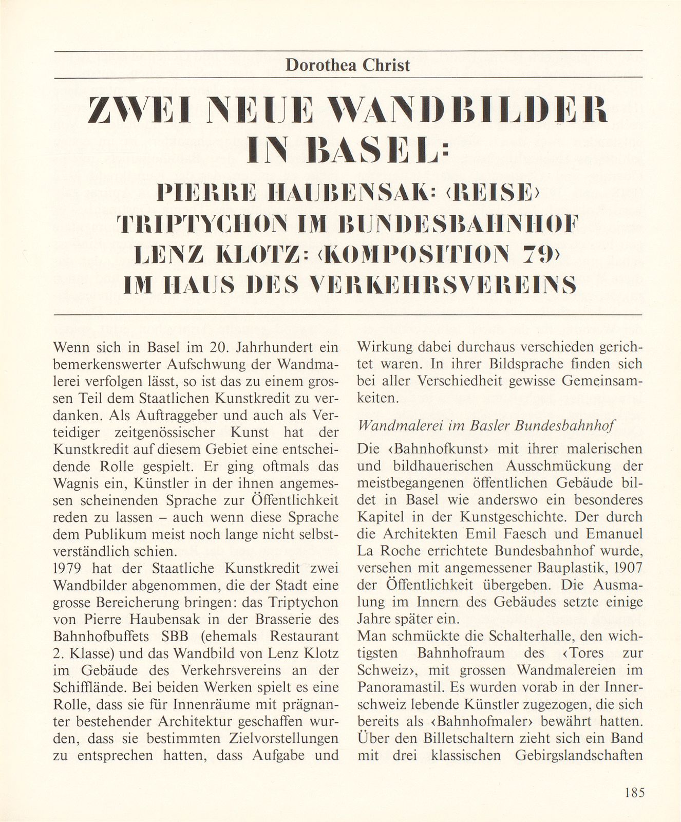 Zwei neue Wandbilder in Basel: Pierre Haubensak: ‹Reise›, Triptychon im Bundesbahnhof; Lenz Klotz: ‹Komposition 79› im Haus des Verkehrsvereins – Seite 1