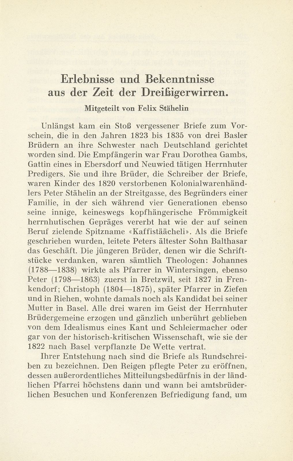 Erlebnisse und Bekenntnisse aus der Zeit der Dreissigerwirren [Gebrüder Stähelin] – Seite 1