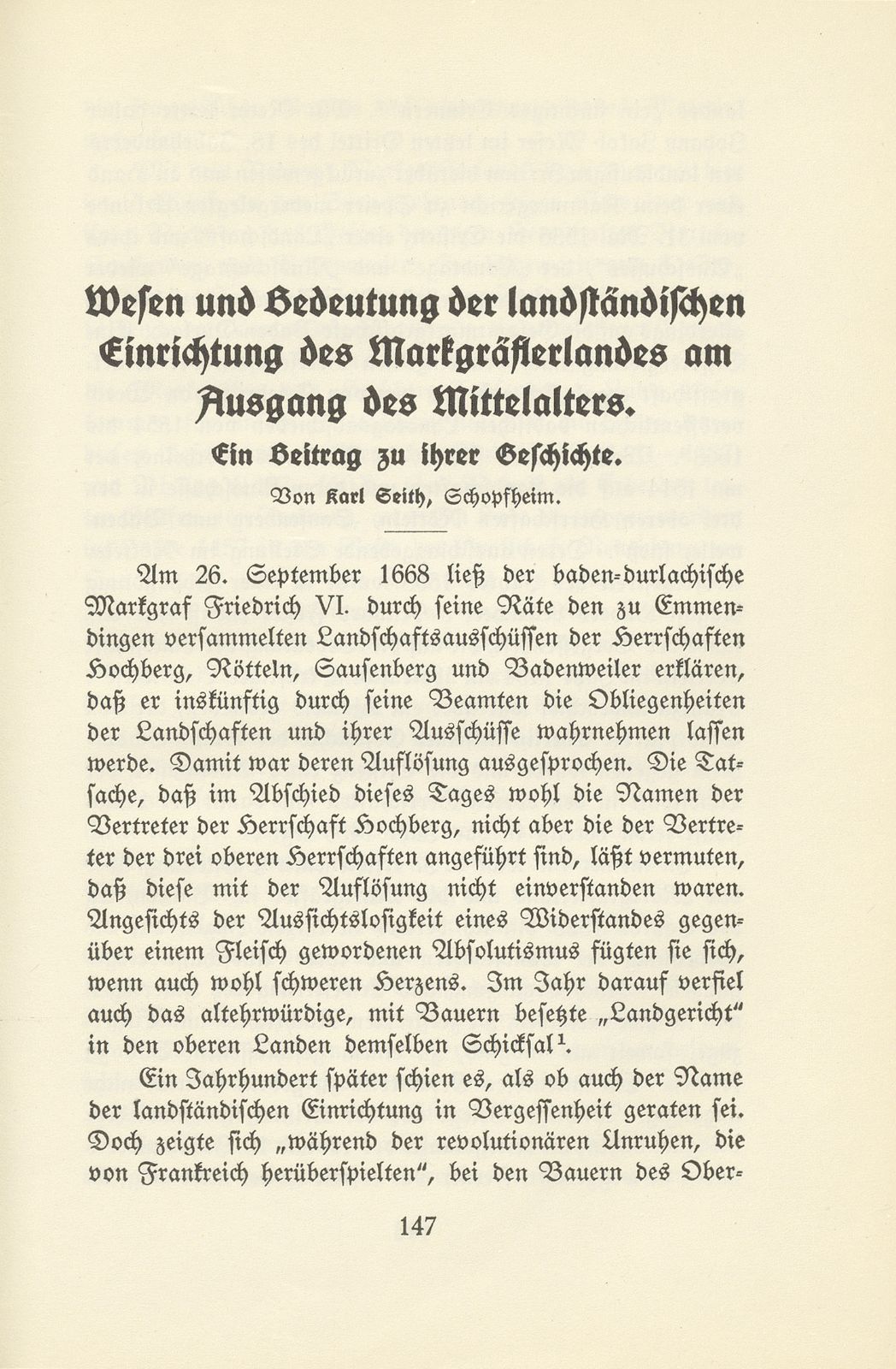 Wesen und Bedeutung der landständischen Einrichtung des Markgräflerlandes am Ausgang des Mittelalters – Seite 1