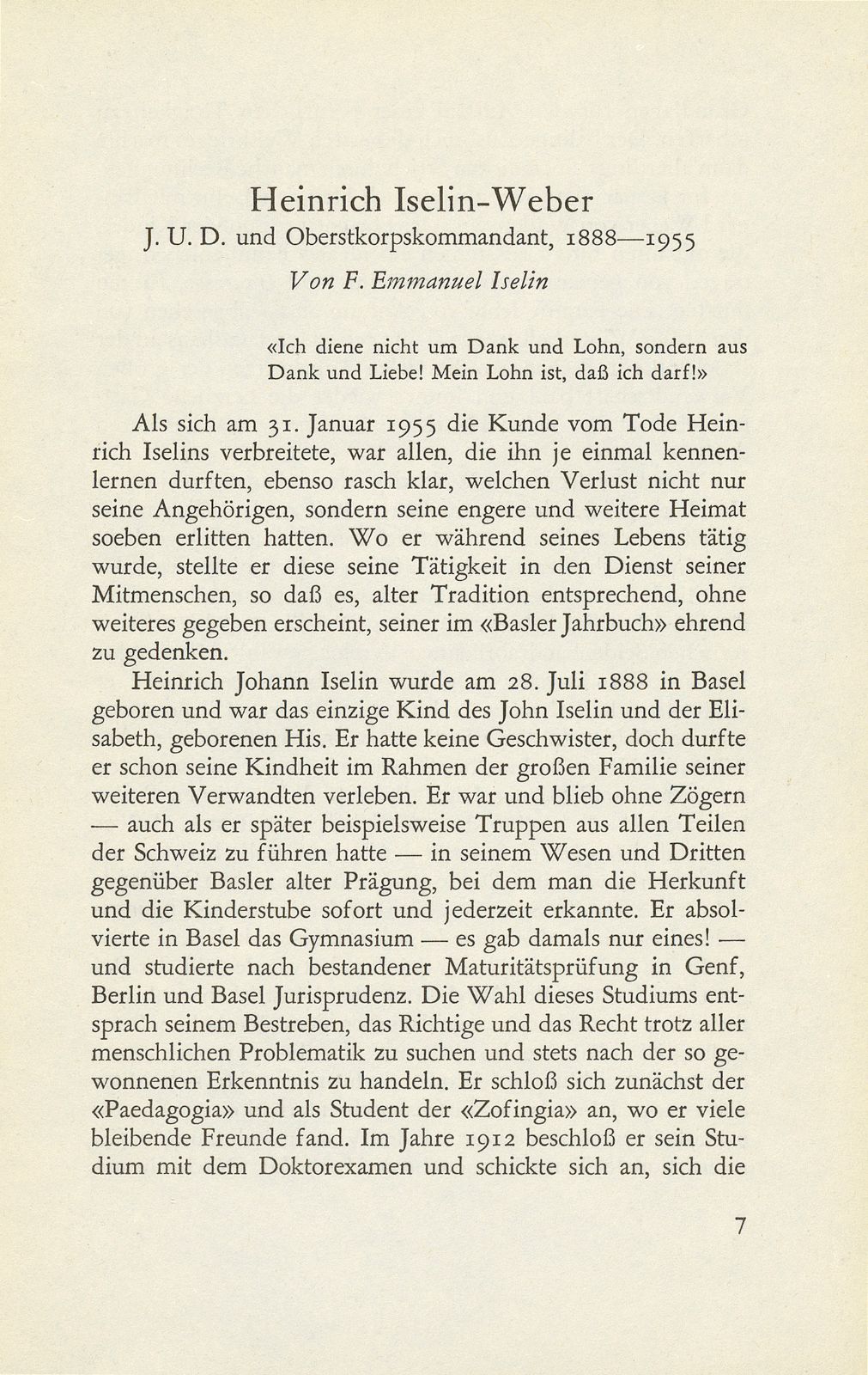 Heinrich Iselin-Weber J.U.D. und Oberstkorpskommandant, 1888-1955 – Seite 1