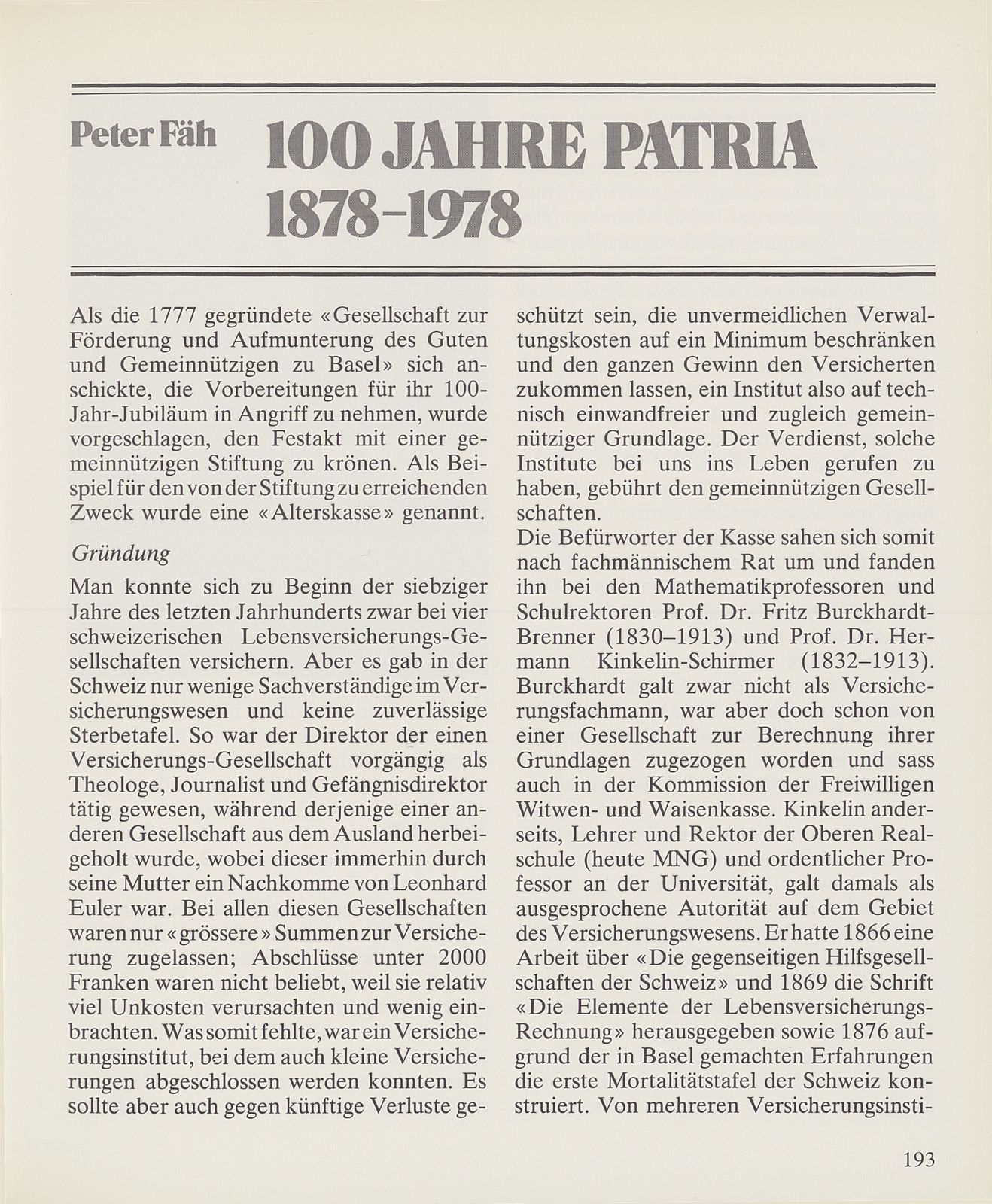 100 Jahre Patria 1878-1978 – Seite 1