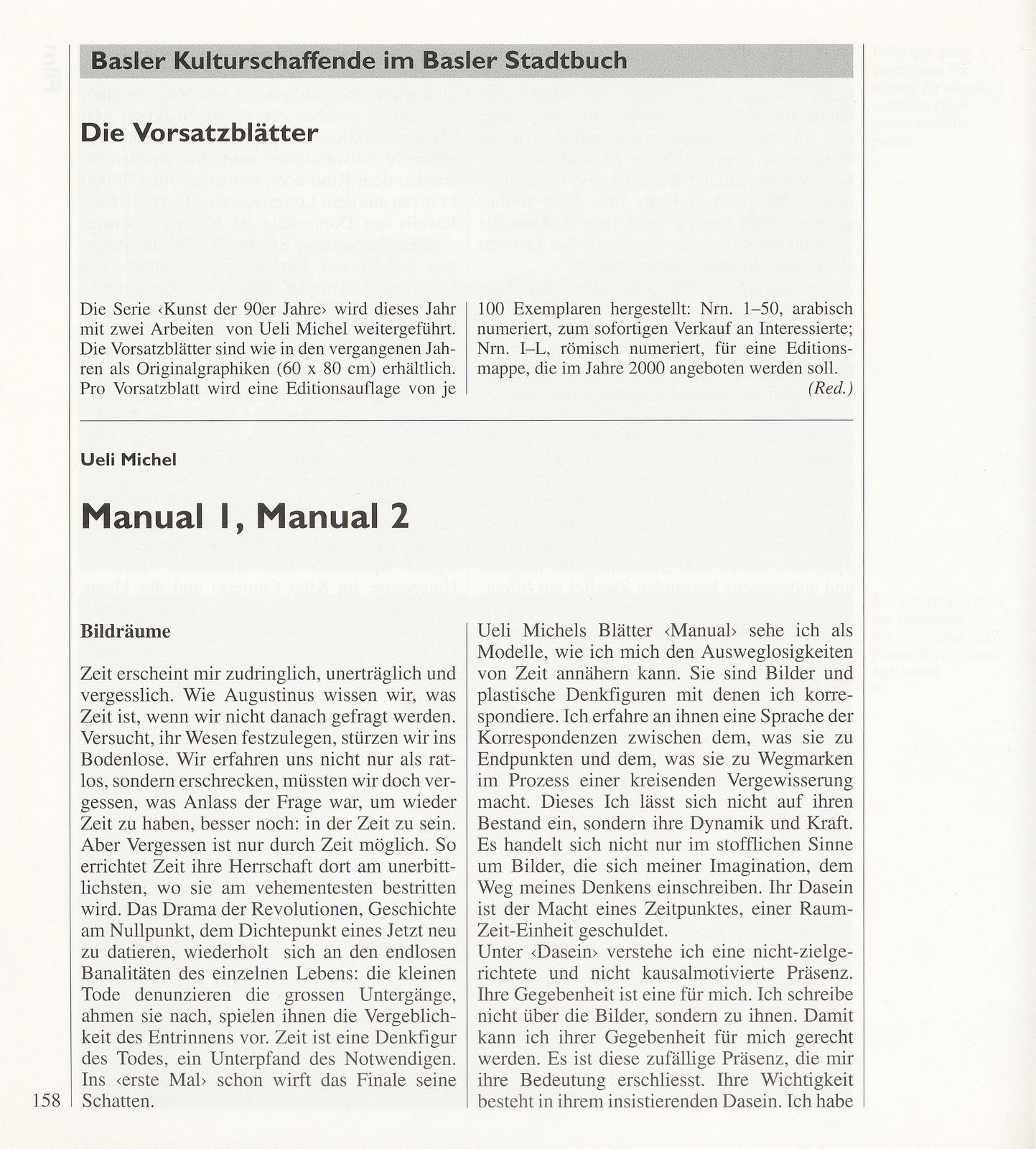 Die Vorsatzblätter von Ueli Michel: Manual 1, Manual 2. Bildräume – Seite 1