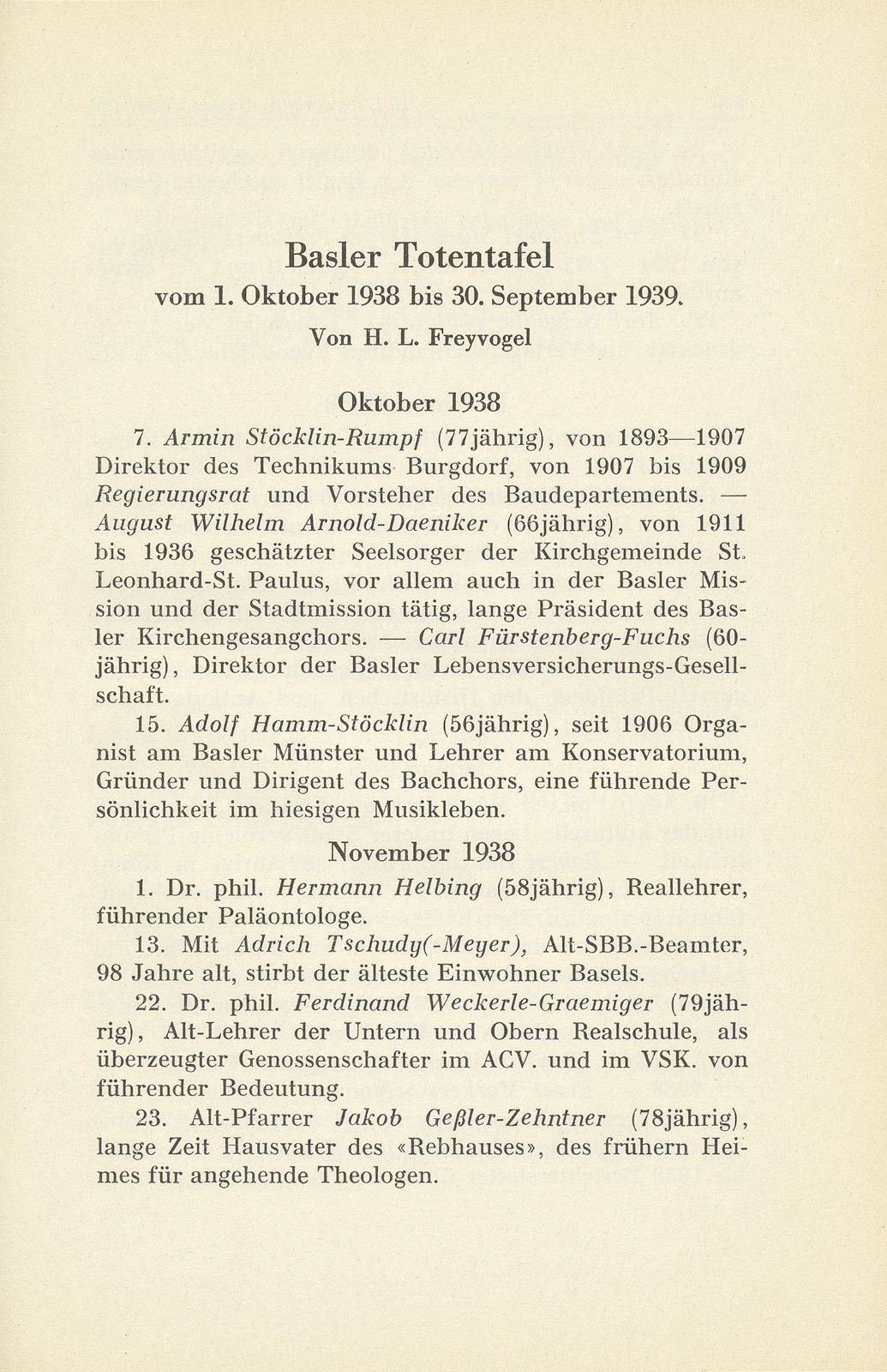 Basler Totentafel vom 1. Oktober 1938 bis 31. September 1939 – Seite 1