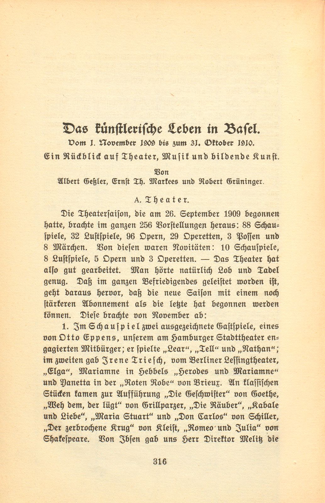 Das künstlerische Leben in Basel vom 1. November 1909 bis 31. Oktober 1910 – Seite 1