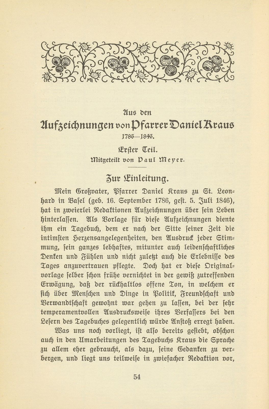 Aus den Aufzeichnungen von Pfarrer Daniel Kraus 1786-1846 – Seite 1