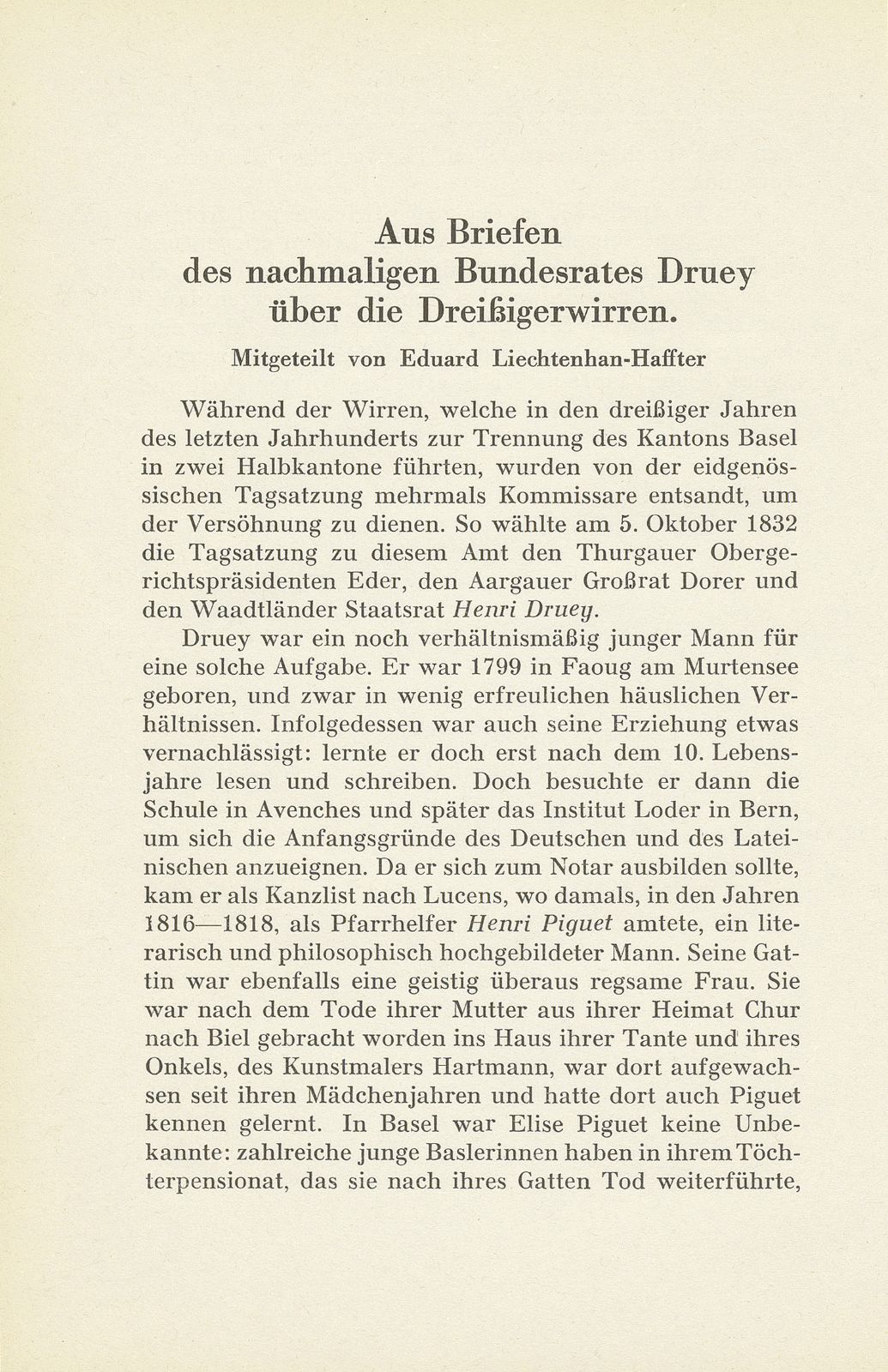 Aus Briefen des nachmaligen Bundesrates Druey über die Dreissigerwirren – Seite 1