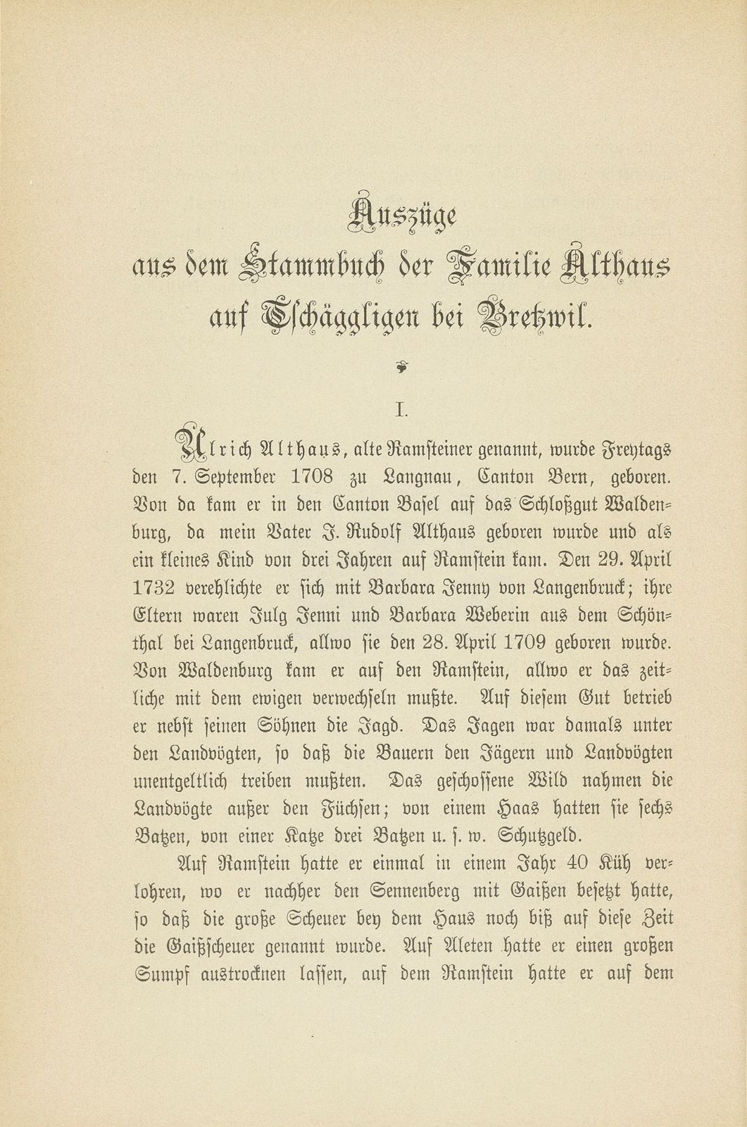 Auszüge aus dem Stammbuch der Familie Althaus auf Tschäggligen bei Bretzwil – Seite 1