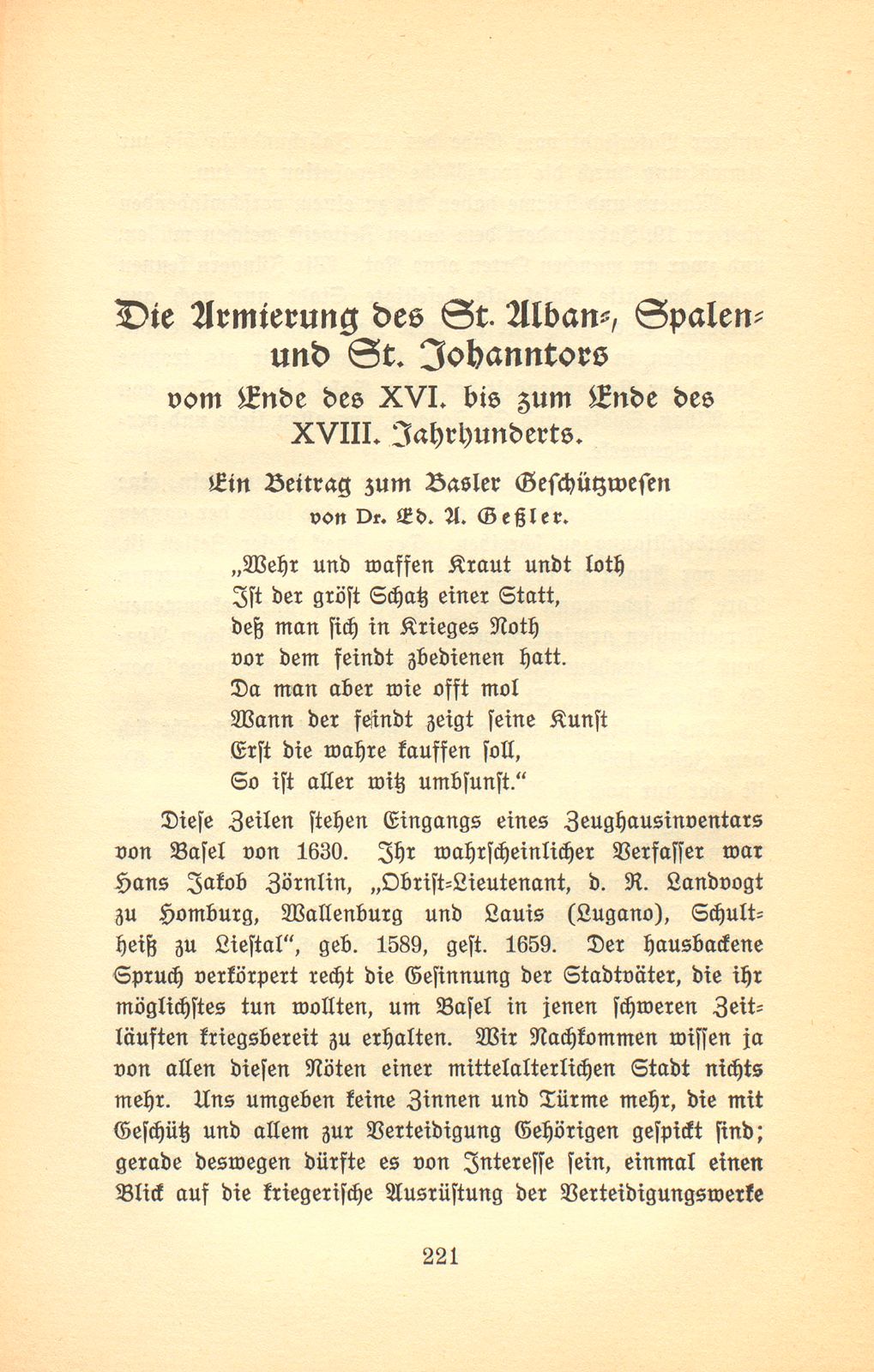 Die Armierung des St. Alban-, Spalen- und St. Johanntors vom Ende des XVI. bis zum Ende des XVIII. Jahrhunderts – Seite 1